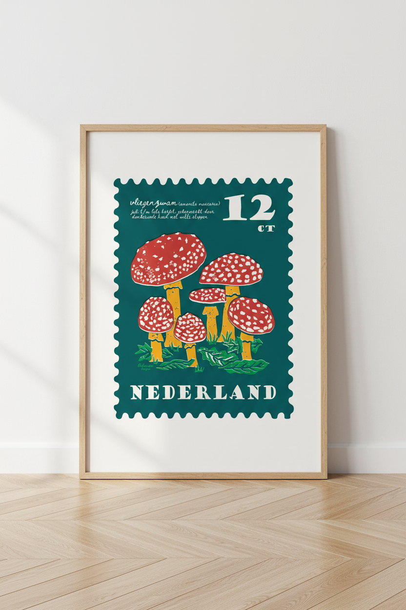 Paddestoel poster mockup - naturel lijst witte muur visgraat